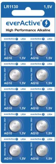 20 Stück everActive G10 Batterien Knopfzellen battery LR1130 LR54 AG10 MHD: 2024 2