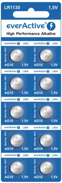 50 Stück everActive G10 Batterien Knopfzellen battery LR1130 LR54 AG10 MHD: 2024 2