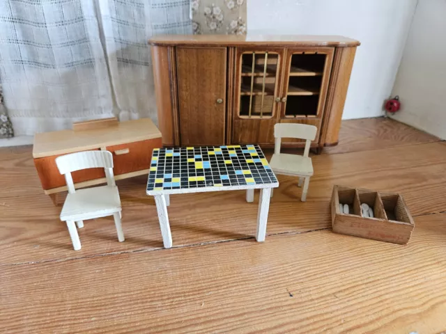 (RB)5025-1335-Old Dollhouse Furniture, Cabinet, Table, Chairs, Toys, Decoration