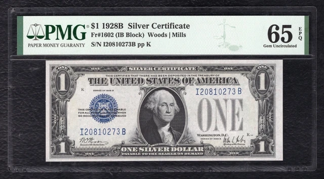 Fr. 1602 1928-B $1 One Dollar “Funnyback” Silver Certificate Pmg Gem Unc-65Epq