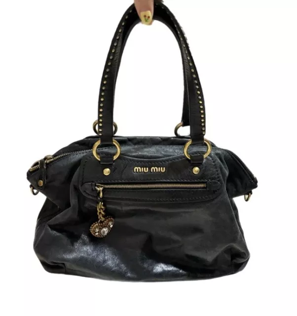 miu miu studded black leather bag satchel gold heart charm vintage 2000s tote