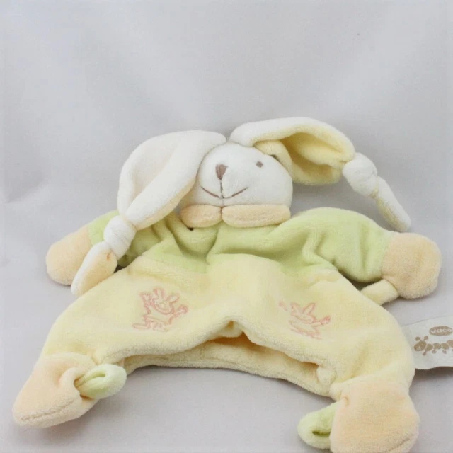 Doudou plat marionnette lapin blanc jaune vert VACO - 20900