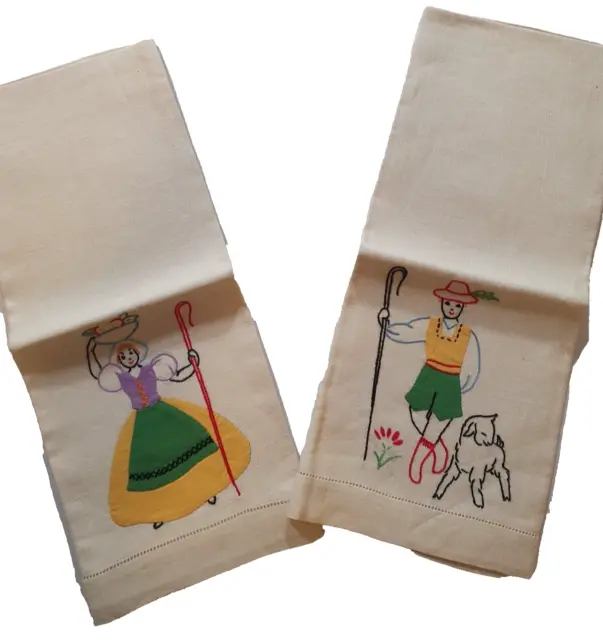 Vintage Tea Hand Towels Hand Made Applique Little Bo Peep Shepherd Lamb Cotton