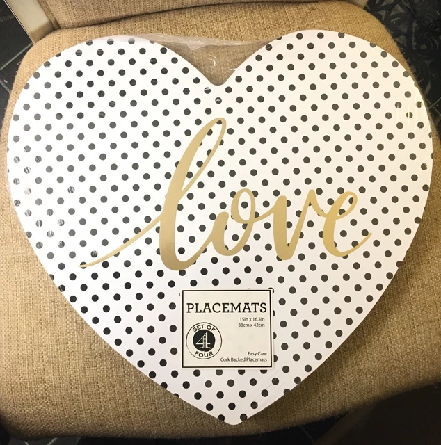 Benson Mills 4 Valentines Day Heart Love Polka Dot Cork Placemats White Blk Gold