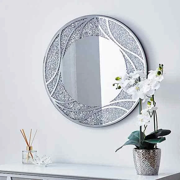 60cm Silk Screen Finish Circular Jewel Diamante Wall Mirror Crushed Crystals