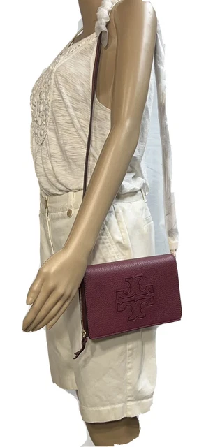 New Tory Burch Harper Flap Crossbody Bag Zip Around Pebbled Leather Merlot+Box