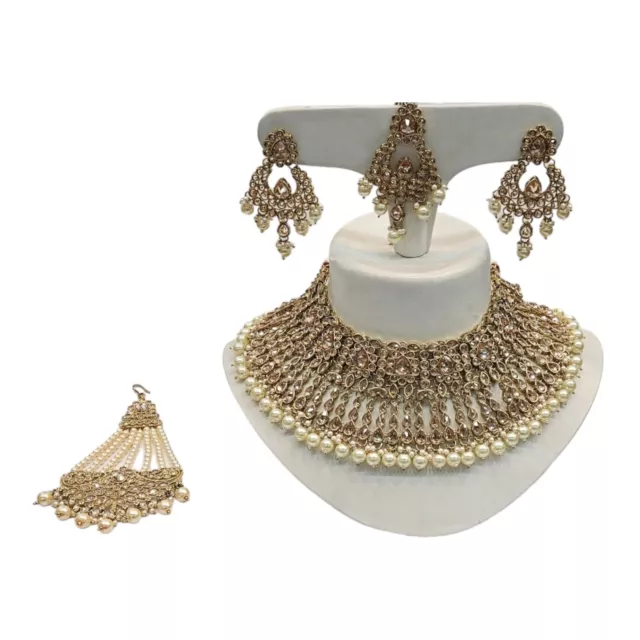 Indian Mini Bridal 5 Piece Jewellery Wedding Set In Gold With Pearl Bead