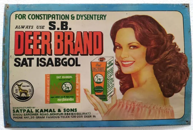 S.B Deer Brand Sat Isabgol Vintage Advertising Litho Tin Sign India