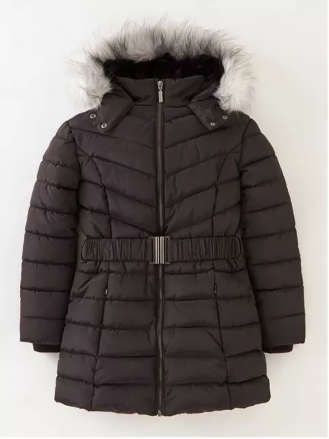 VERY Girls Faux Fur Hooded Belted Half Faux Fur Lined Coat - Black  Size 14years