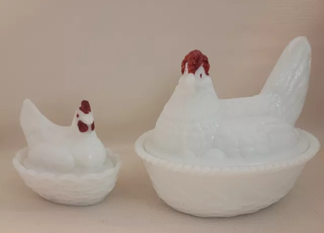 Set Of 2 Westmoreland Hen on Nest White Milk Glass Dishes Red Comb Split Tail