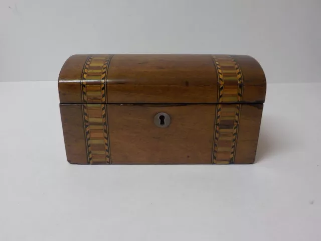 19th C. English Dome Top Walnut Tea Caddy Box, Inlaid Banding