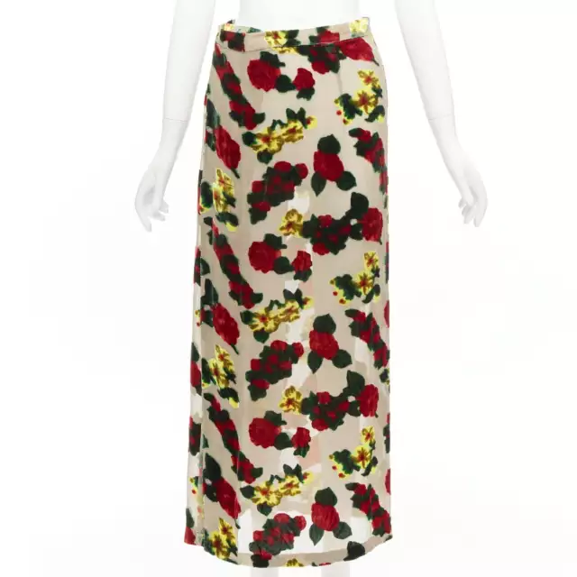 YOHJI YAMAMOTO 1997 Vintage red yellow floral devore sheer midi skirt M