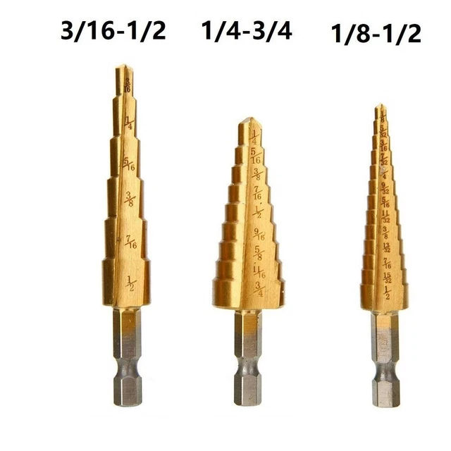 3PC Titane Revêtu Step Drill Bit Alésoir Ebavurage 1/8-3/4 Bois Métal Trou