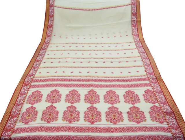 Vintage Off-White Saree Hand Woven 100% Pure Cotton Indian Sari Fabric 5Yd Silk