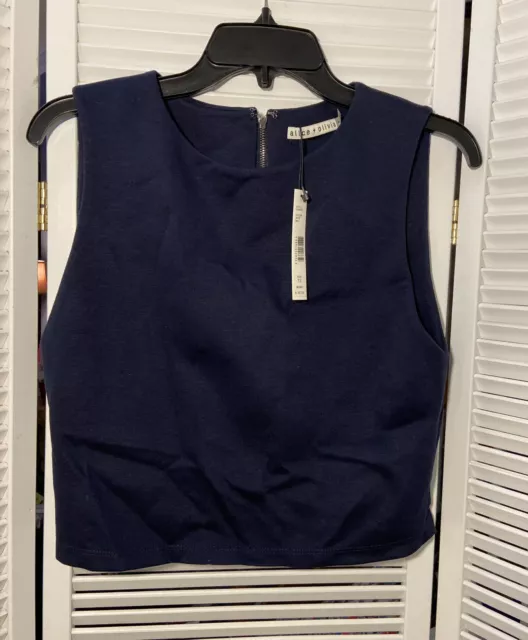 NWT Alice + Olivia  Womens 12 Navy Sleeveless Cropped Top Full Zip Back $187