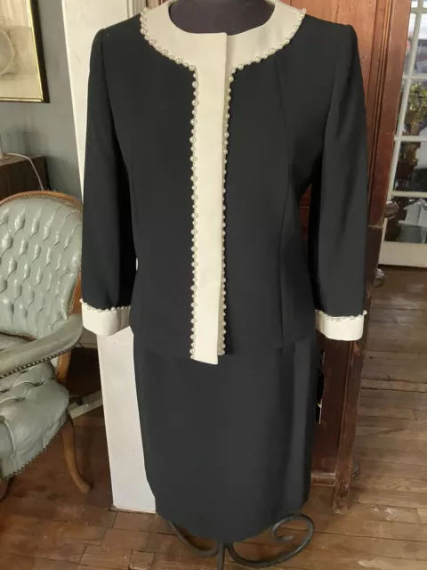 NWT Tahari ASL Women's Black Cream Petite pearl Embellished Skirt Suit, Size 8P