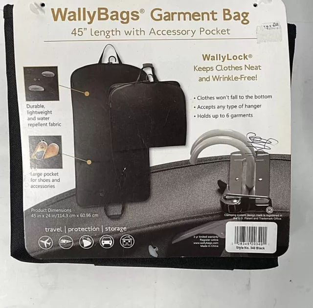 WallyBags Garment Bag 45" With Accessory Pockets #340 Black NEW