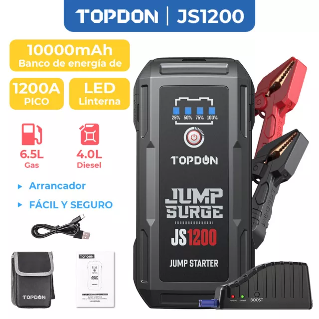 TOPDON JS1200 1200A Arrancador de coche Jump Starter Cargador de refuerzo seguro