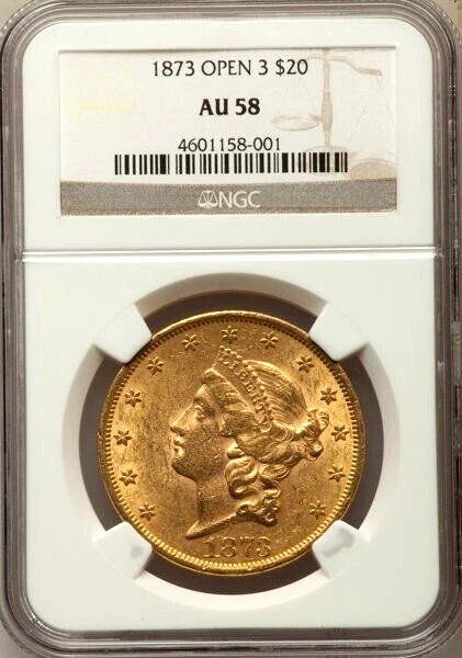1873 Open 3 $20 Gold Double Eagle - NGC AU58