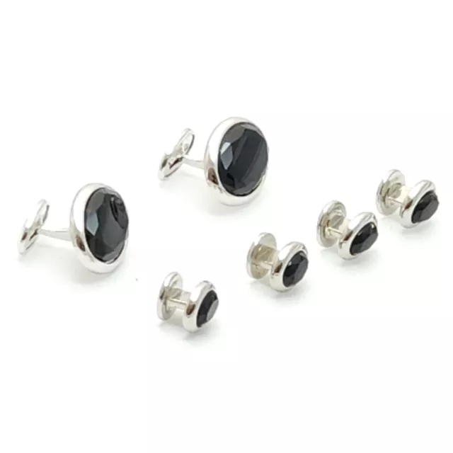 Faceted Black Oval Cufflinks and Shirt Studs Silver Tone Tuxedo Wedding Suit