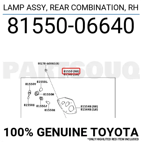 8155006640 Genuine Toyota LAMP ASSY, REAR COMBINATION, RH 81550-06640 OEM
