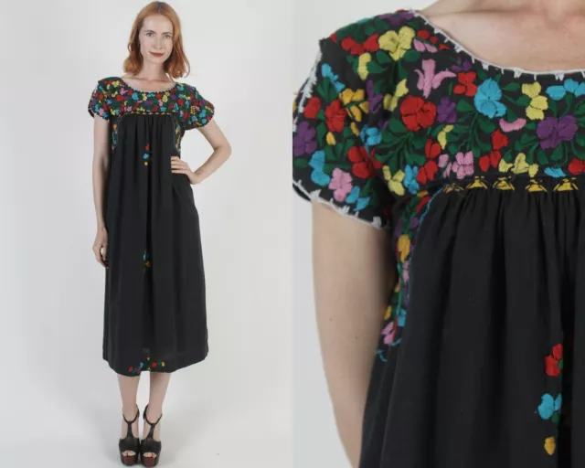 Vtg Black Cotton Oaxacan Dress Hand Embroidered Puebla Mexican Fiesta Sundress