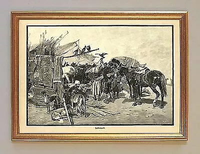 Ein Falkenmarkt im Jahre 1895 Jagdbild Pferde Hunde Faksimile 100 im Goldrahmen