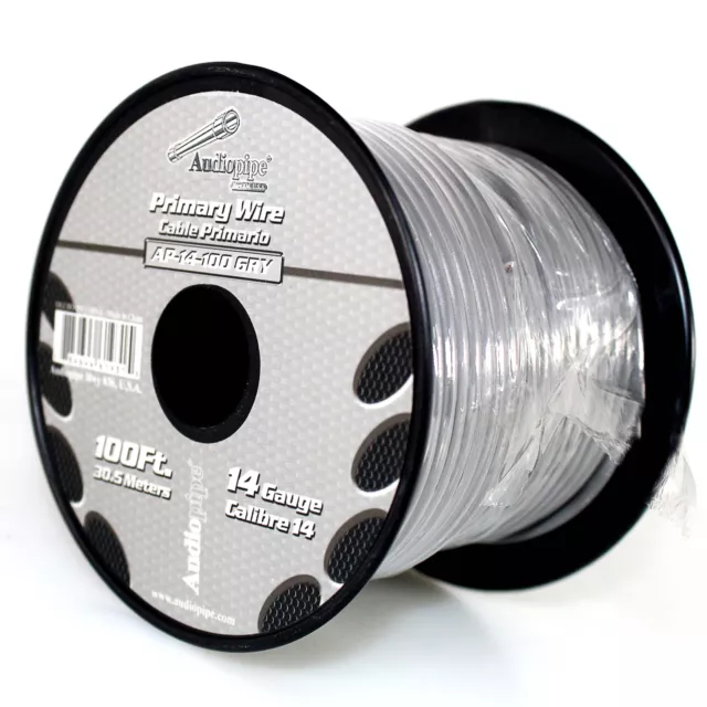 Audiopipe 14 ga 100 ft CCA varado primario alimentación a tierra carrete gris