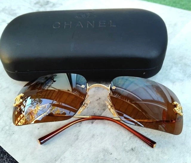 CHANEL Rimless Gold Sunglasses Rhinestone Model 4017-D Made in Italy w/ Case