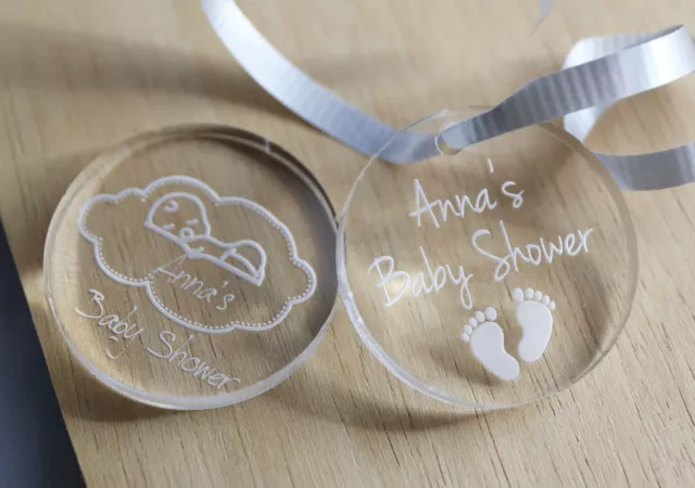 BABY SHOWER BABY FEET CLEAR ACRYLIC TAGS BOMBONIERE FAVOURS GIFT LASER  ENGRAVED