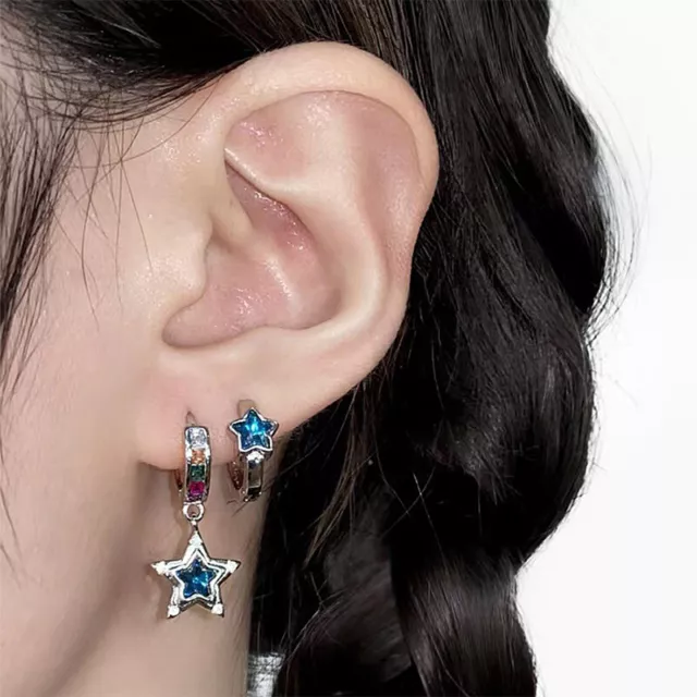 1Pair Korean Fashion Blue Crystal Pentagram Hoop Earrings Punk Star Earrings