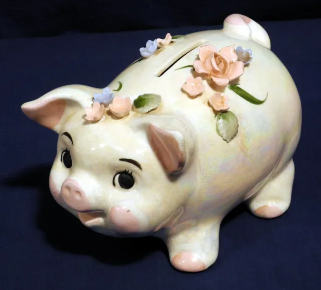 Vintage Lefton Iridescent Ceramic Pig Piggy Bank #28/3 Hand Painted