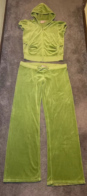 Vintage Juicy Couture Y2K Track Suit Jacket Wide Leg Pants Velour Lime Green XL