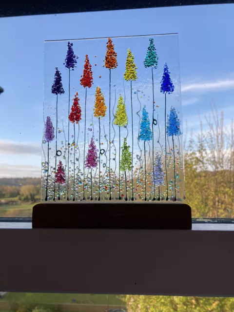 Handmade fused glass art Rainbow Meadow Picture & Oak Stand