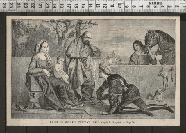 G363 / Gravure 1868 /  Guerrier Adorant L Enfant Jesus