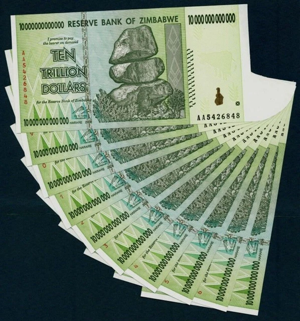 Zimbabwe 10 Trillion Dollars 10 Pieces Lot  2008 Banknote UNC AA+ (100 Trillion)