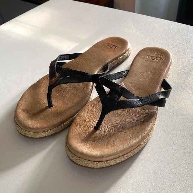 NEW UGG Black/Tan Sheepskin Leather Flip Flops Sandals - Womens US Size 7