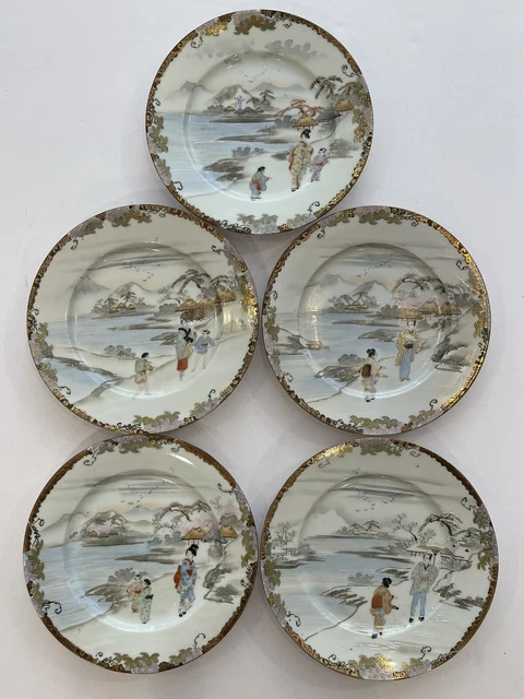 5 Antique VTG Japanese Geisha Hand Painted Moriage 7.25” Plates Signed  Suzuki