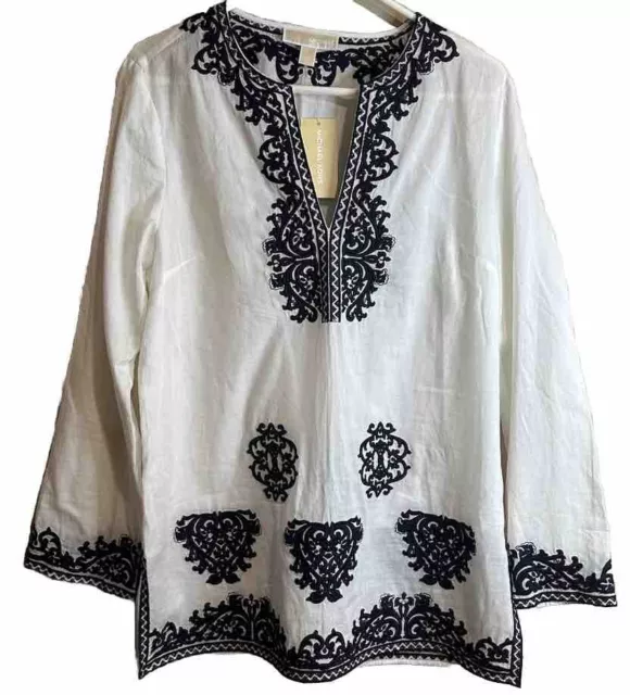 Michael Kors $175 Women's Long Sleeved White Tunic Top With Navy Embroidery L