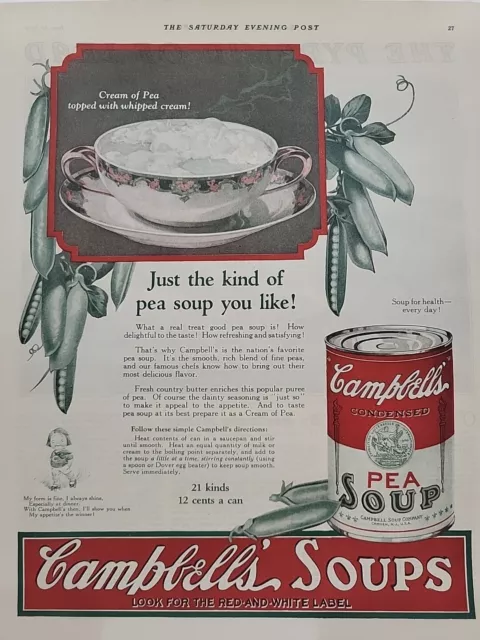 1924 Campbell's Pea Soup S. E. Post Print Ad Child Can Bowl Vine Color Peas