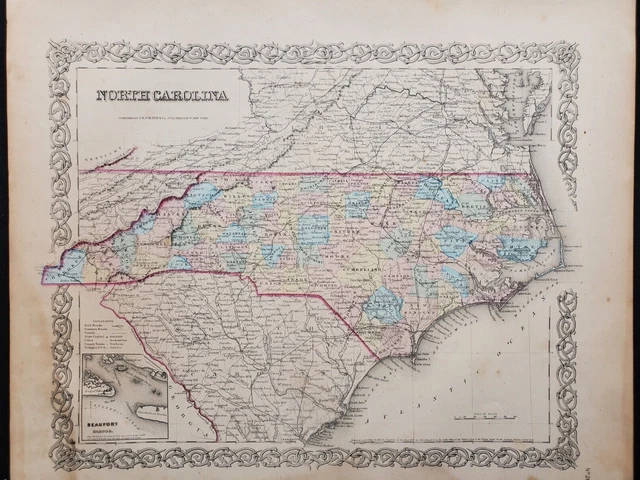 1855 Colton Map - North Carolina - 100% Genuine Antique
