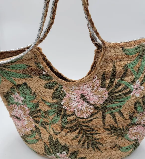 Cierra Lauren Tropical Oasis Jute Bag Boho Blush Teal Cream Double Handle Bag 2