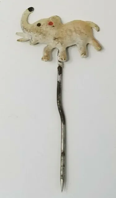 Stick Pin Elephant Stamped Metal White Black Eyes Antique