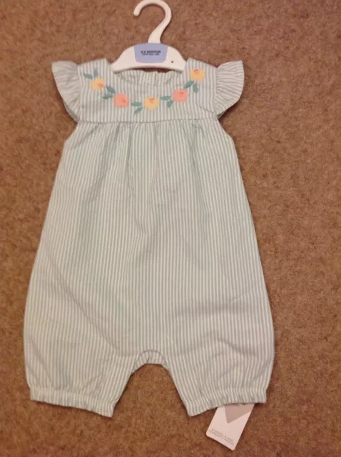 Marks And Spencer Baby Girls Green Striped Cotton Dungarees Age 6-9 Months Bnwt