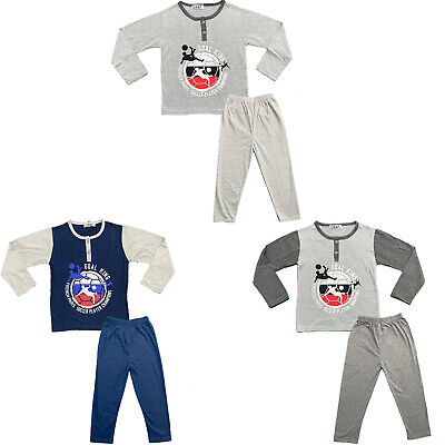 Boys Kids Pyjamas Nighty Long Sleeve Top Bottom Set Nightwear Football Cotton