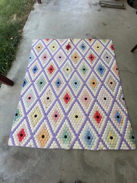 VTG Hand Sewn Stitched Diamond Grandma’s Flower Garden Feed Sack Quilt 68” X 79”