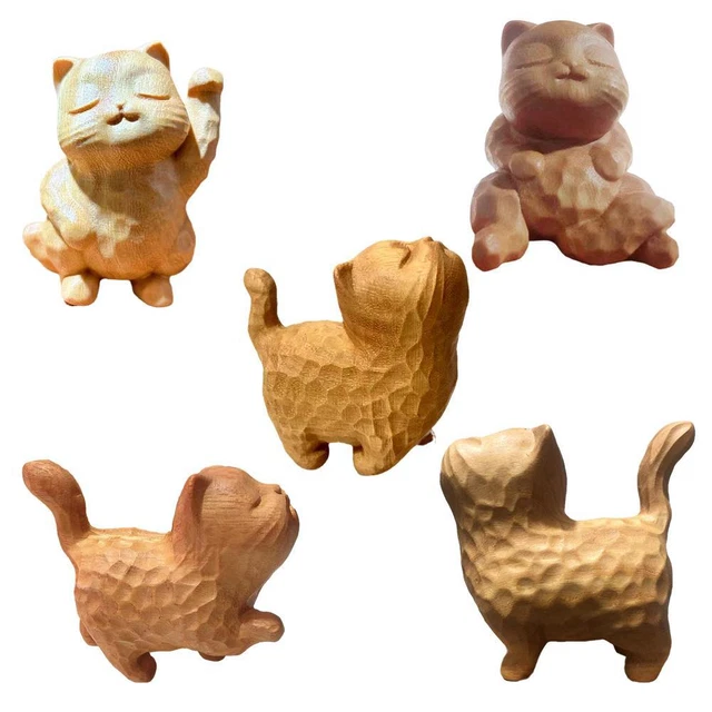 Chinese Boxwood Wood Hand Carved Cat Statue Netsuke Figure