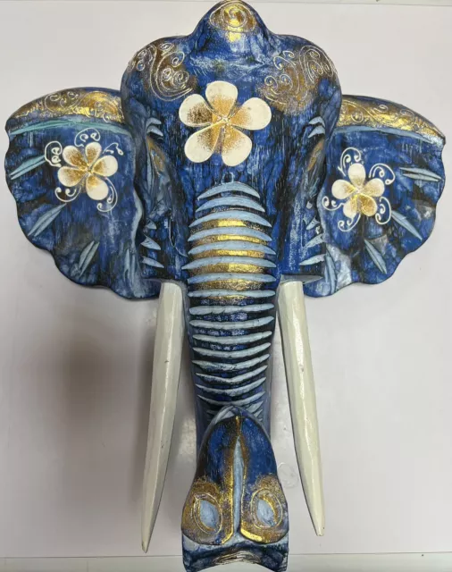 Carved Wooden Elephant Head Wall Mounted Art Large 40 cm Shabby Blue Colour