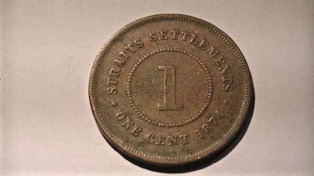 1874 Straits Settlements 1 Cent Coin British Malaysia Queen Victoria