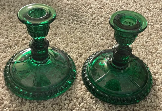 2 Fenton Art Glass Set Spruce Green Rams Head Candlestick Candle Holders MINT!!